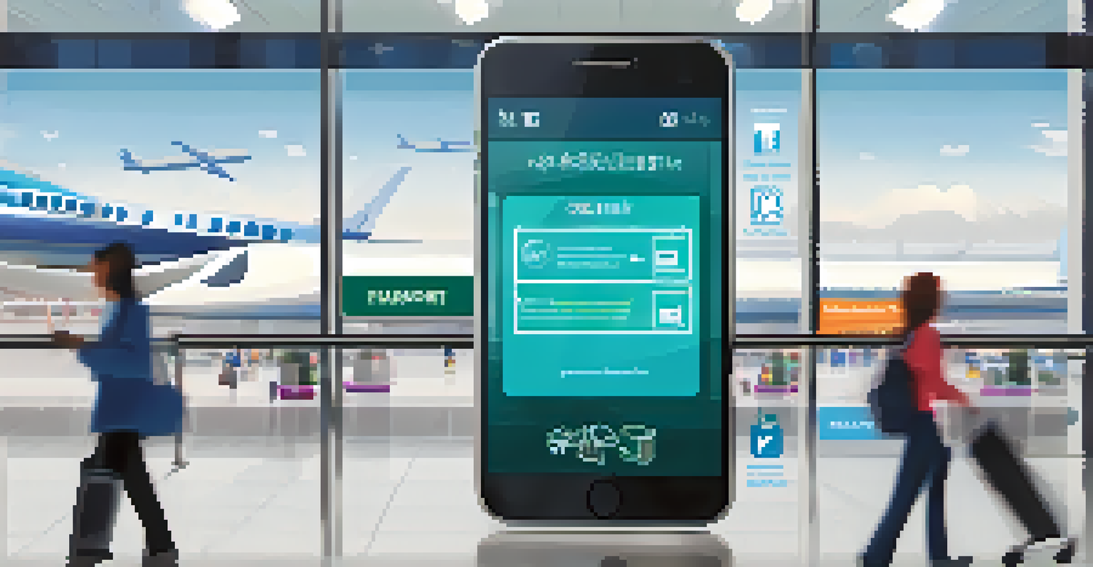 A smartphone displaying a mobile app for requesting airport assistance, set against a blurred airport background with travelers.