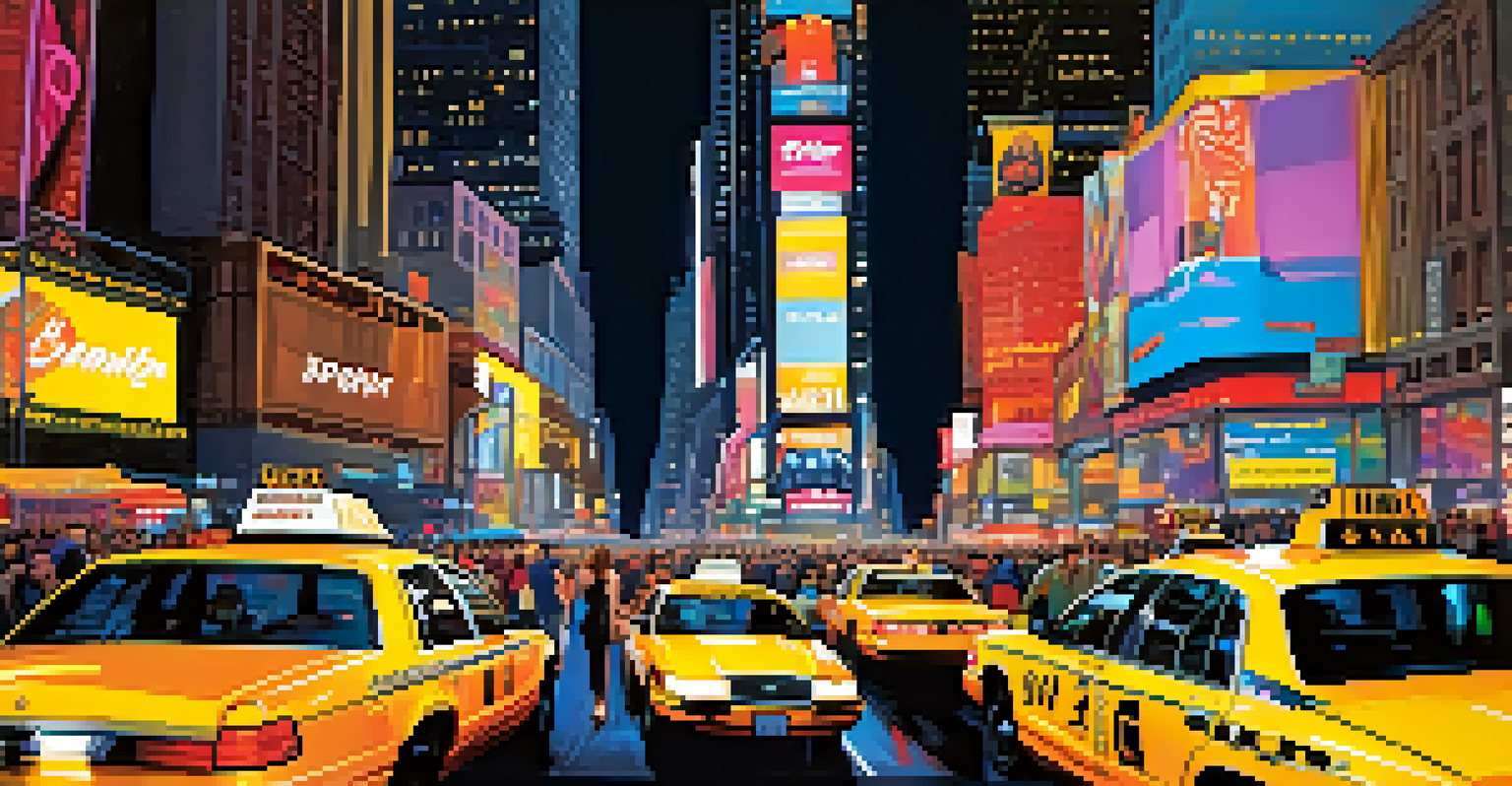 A lively night scene in Times Square, New York City, filled with bright lights, people, and yellow taxis.