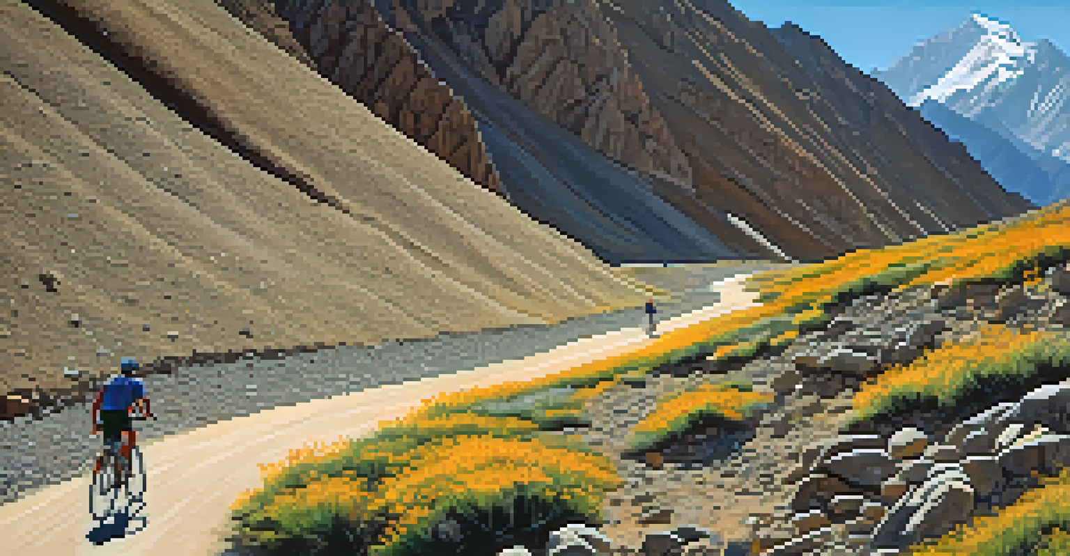 A cyclist on a rocky path in Ladakh, surrounded by tall mountains and bright blue sky.