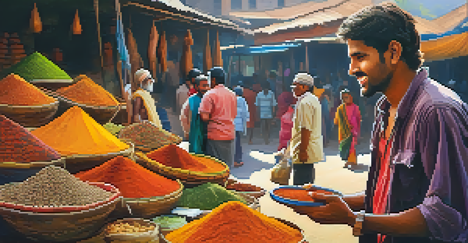 A backpacker bargaining with a local vendor in a vibrant Indian market filled with spices and textiles.