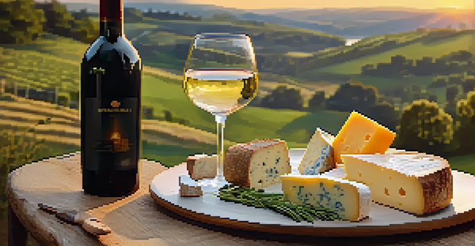 A cheese platter with Brie, Roquefort, and Gouda, accompanied by rustic bread and a glass of red wine, set against a sunset backdrop.