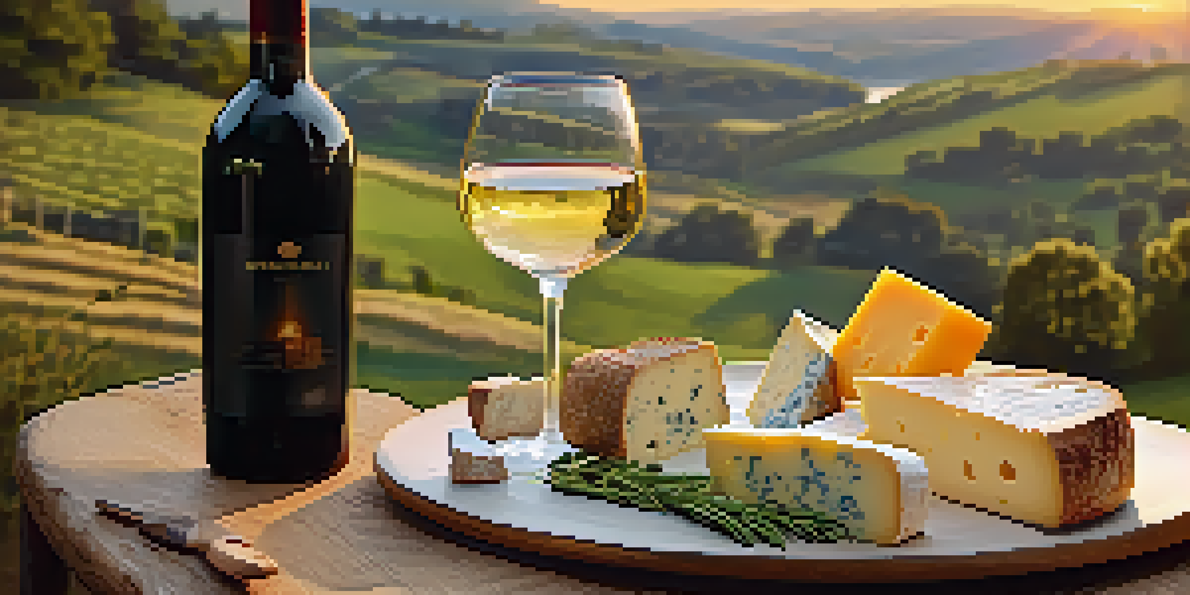 A cheese platter with Brie, Roquefort, and Gouda, accompanied by rustic bread and a glass of red wine, set against a sunset backdrop.