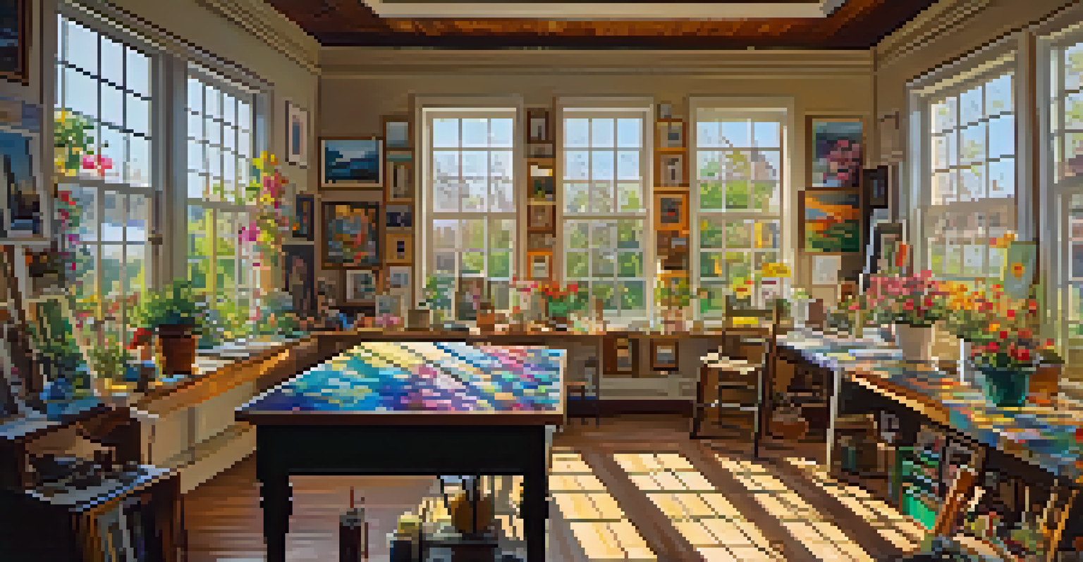 An artist's studio filled with colorful paints and canvases, with sunlight streaming through a window.