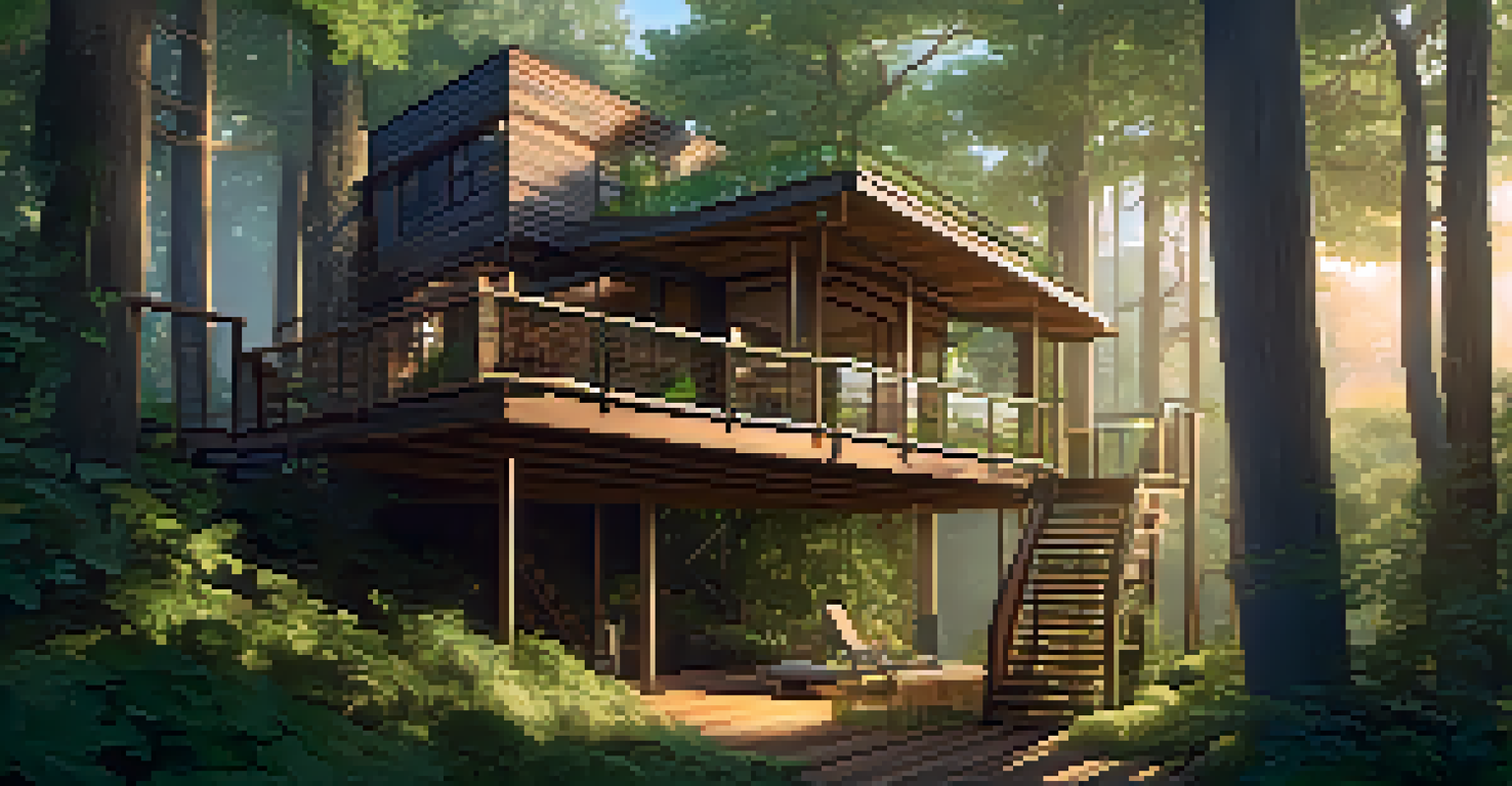A treehouse Airbnb in a forest with wooden ladders, a balcony with hanging plants, and sunlight filtering through the leaves.