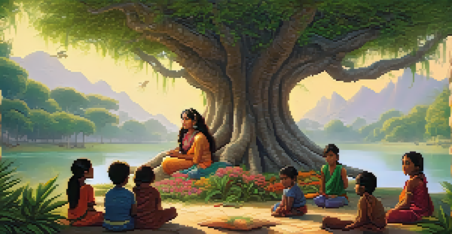 A tranquil scene of a storyteller under a banyan tree, surrounded by children, with lush greenery and vibrant flowers, capturing the essence of Indian folklore.