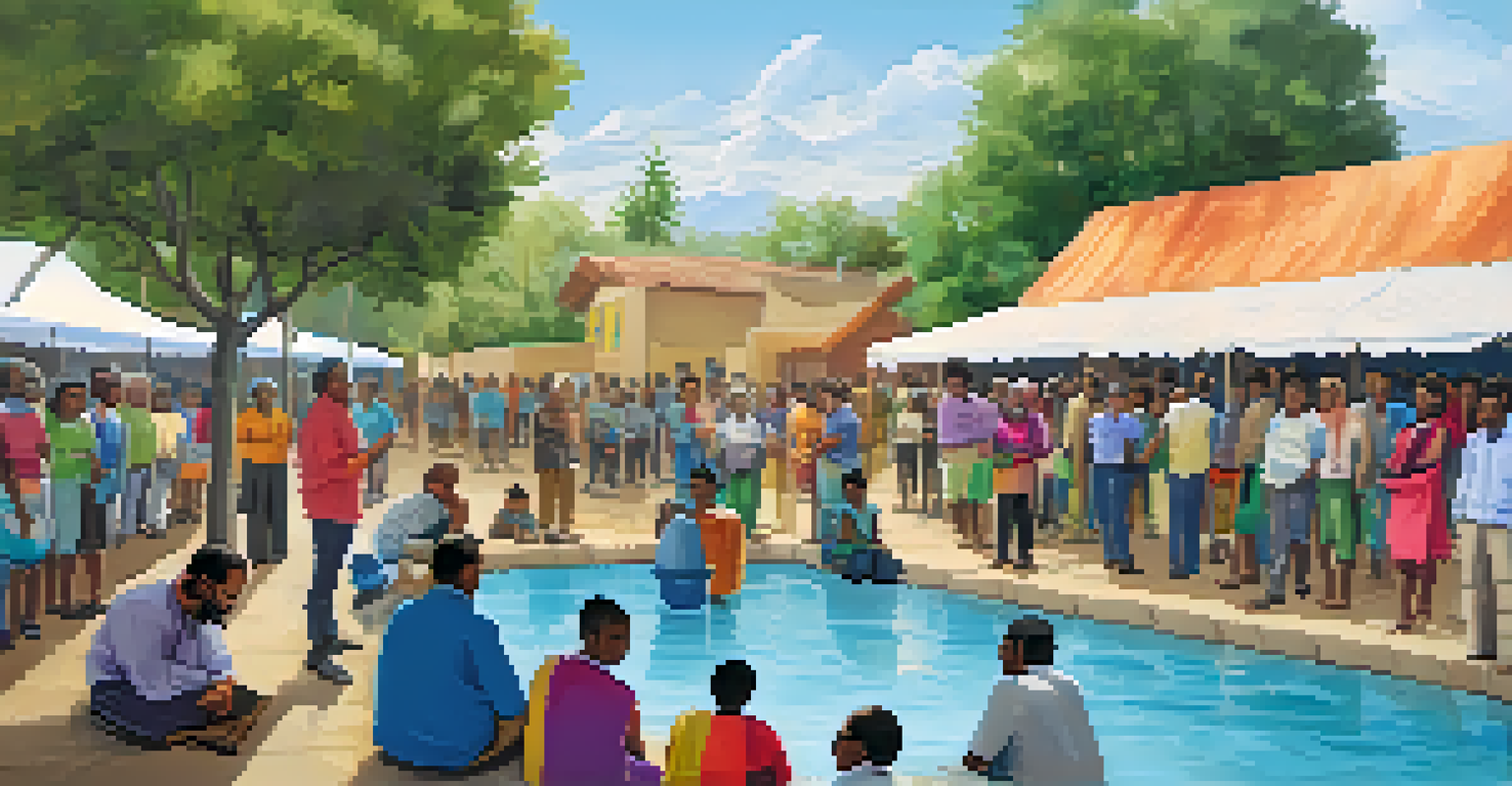 A community workshop focused on water conservation, with locals sharing ideas and colorful visual aids in a bright setting.