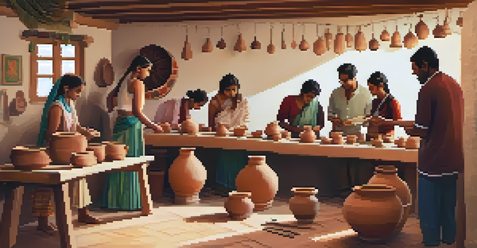 A pottery workshop at a craft fair with participants learning to make clay pots, surrounded by traditional decorations.