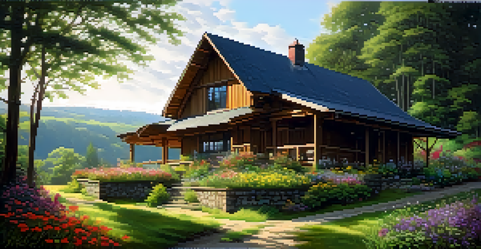 A traditional timber village home surrounded by trees and wildflowers in a rural landscape.