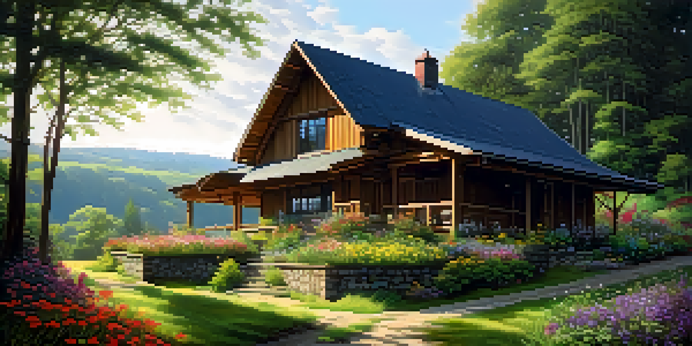 A traditional timber village home surrounded by trees and wildflowers in a rural landscape.