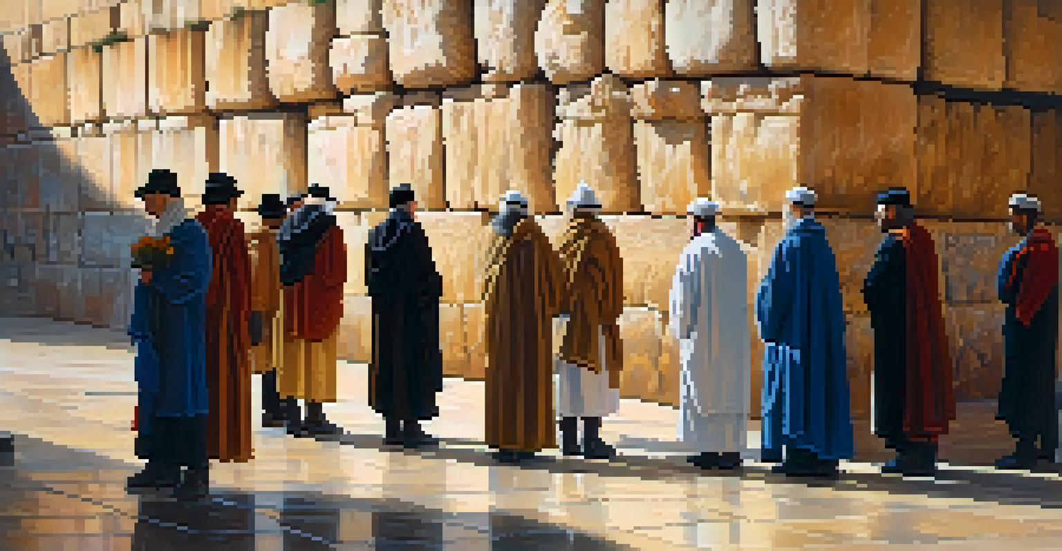Visitors of different backgrounds reflecting at the Western Wall in Jerusalem during evening light.