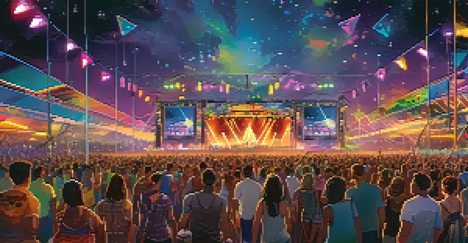 A modern music festival scene with a diverse crowd, colorful lights, and an energetic electronic dance music performance at night.