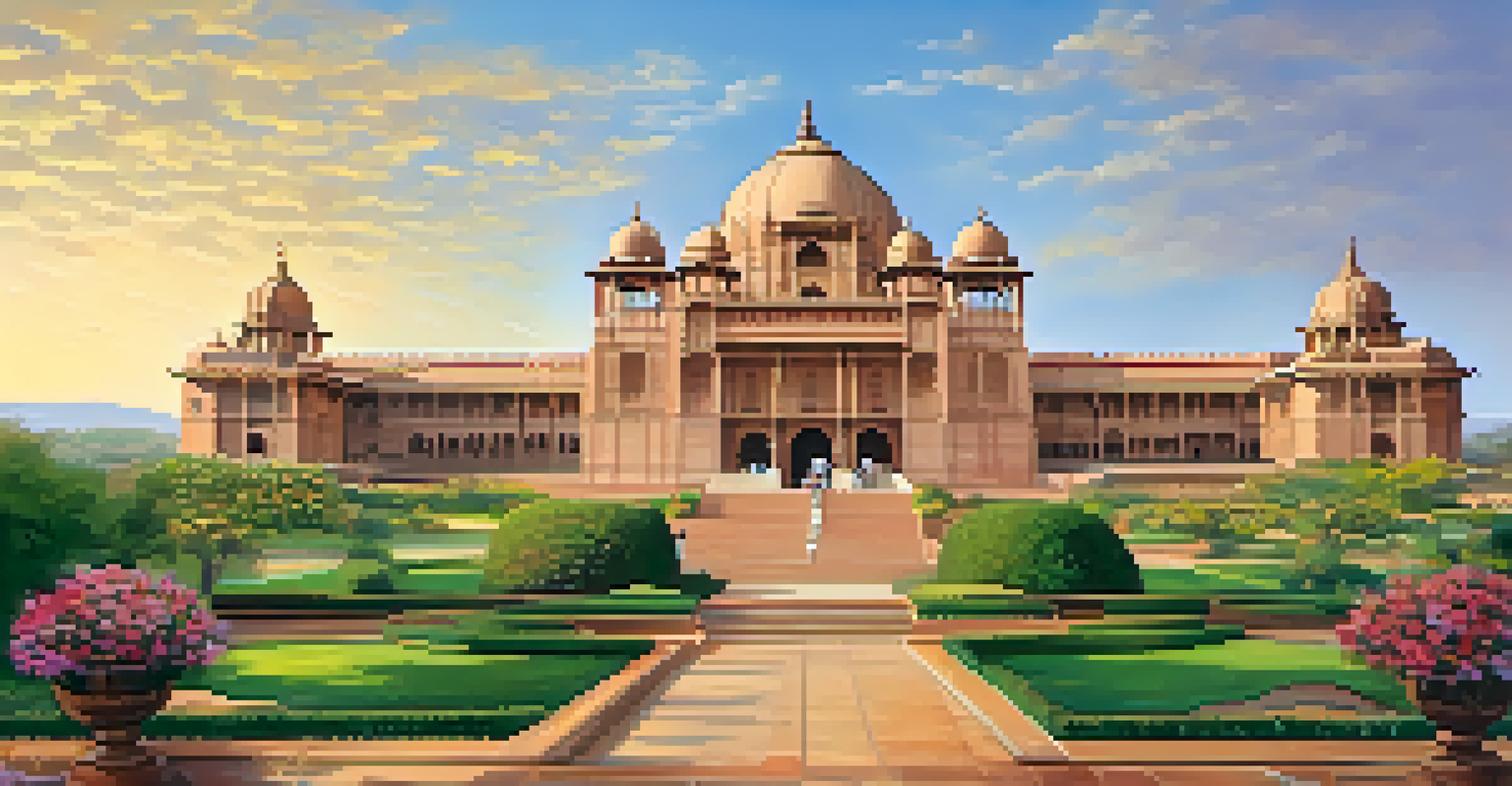 The majestic entrance of Umaid Bhawan Palace in Jodhpur, featuring its Art Deco architecture and beautiful gardens under the sunlight.