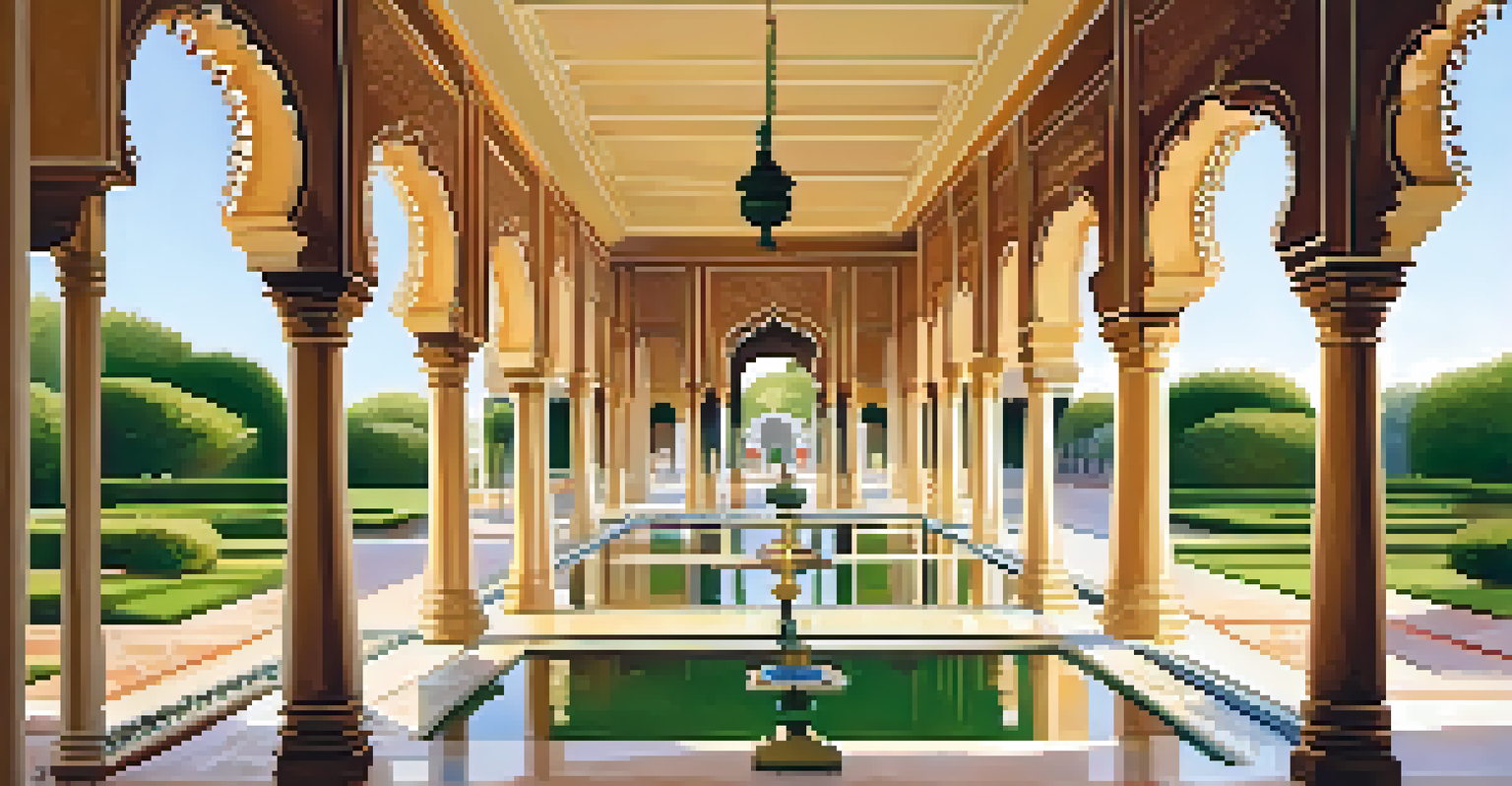 The courtyard of the Rambagh Palace in Jaipur, showcasing gardens, fountains, and detailed architecture under warm sunlight.