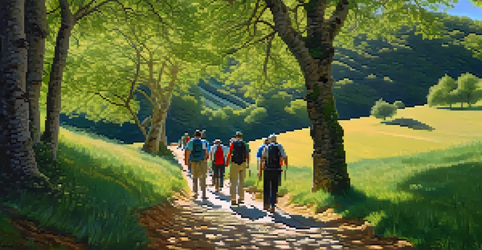 A group of diverse pilgrims walking along the Camino de Santiago trail, sharing stories and laughter in a lush green landscape.