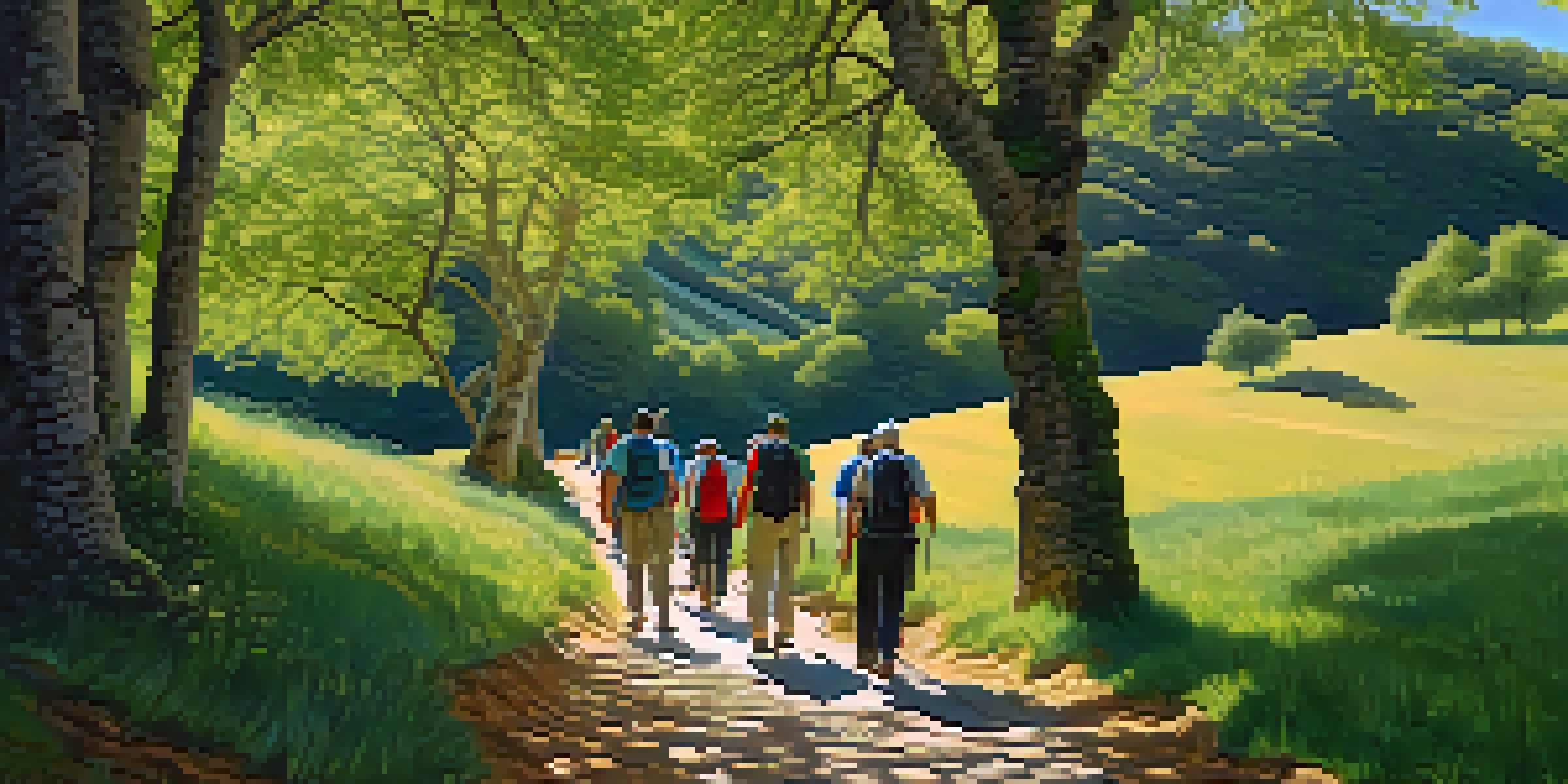 A group of diverse pilgrims walking along the Camino de Santiago trail, sharing stories and laughter in a lush green landscape.