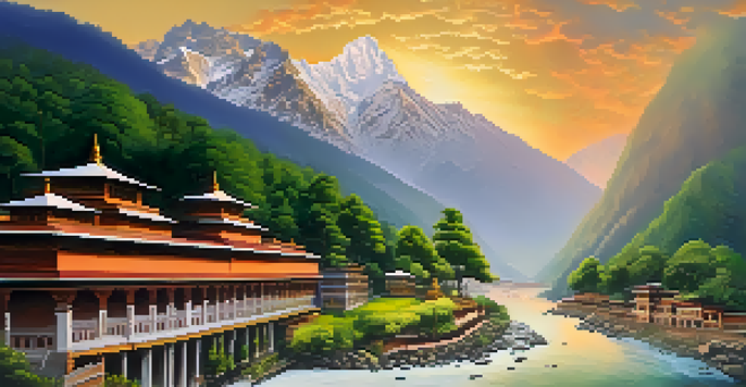 A breathtaking view of the Himalayas featuring the Yamunotri temple, surrounded by greenery and hot springs, under a sunrise sky.