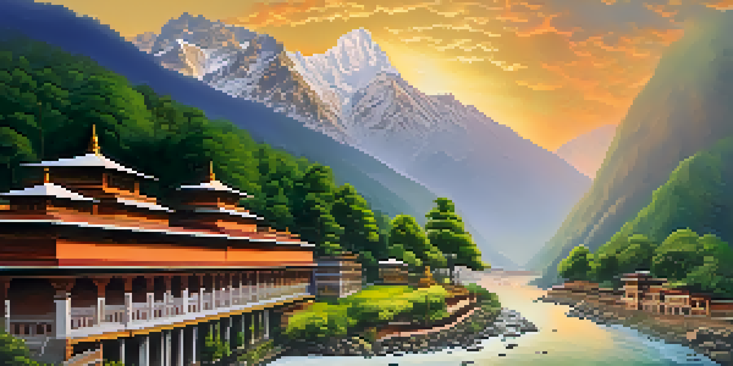 A breathtaking view of the Himalayas featuring the Yamunotri temple, surrounded by greenery and hot springs, under a sunrise sky.