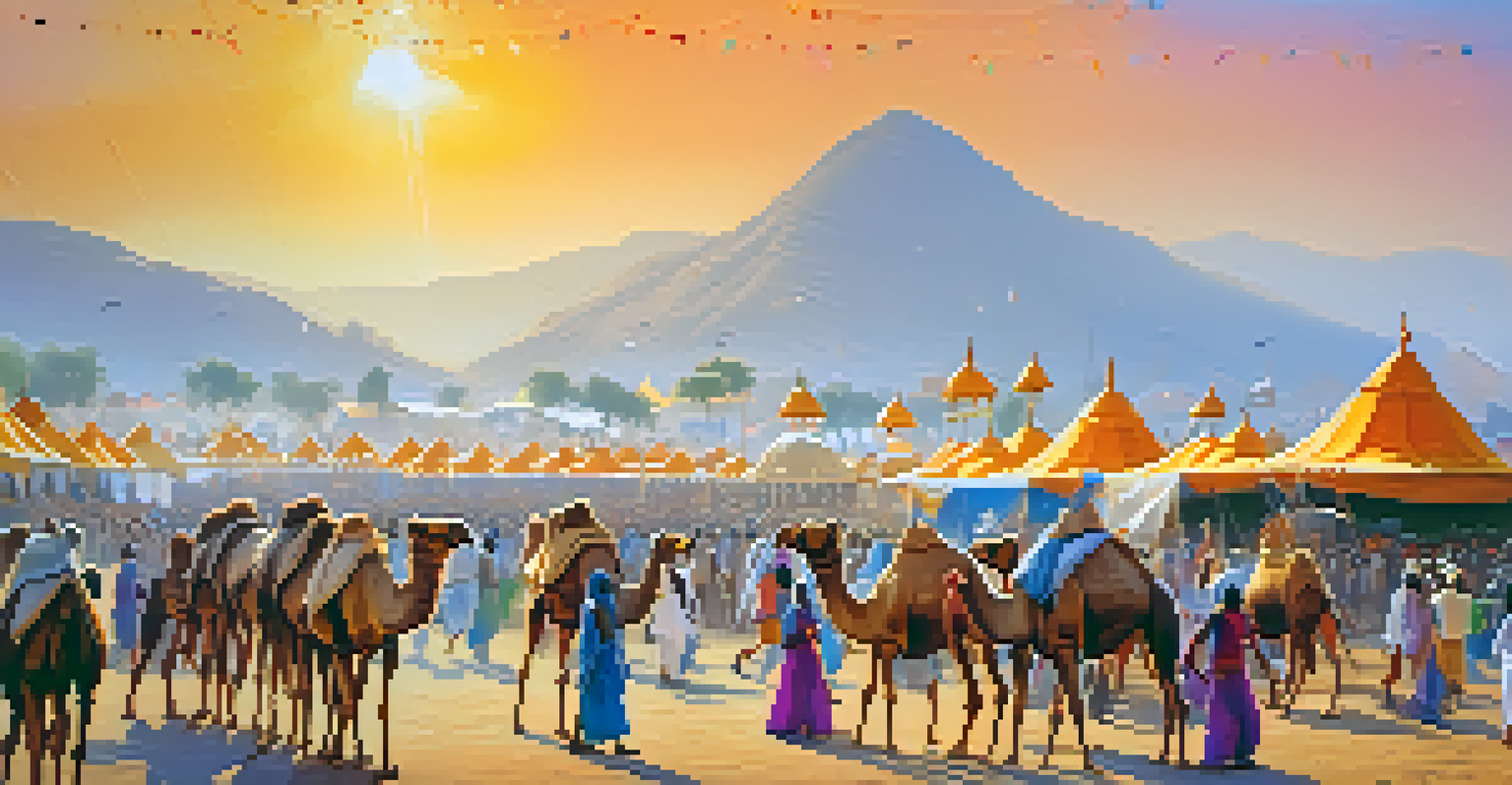 A lively depiction of the Pushkar Camel Fair with colorful tents, dancing, and camels in front of a historic fort.