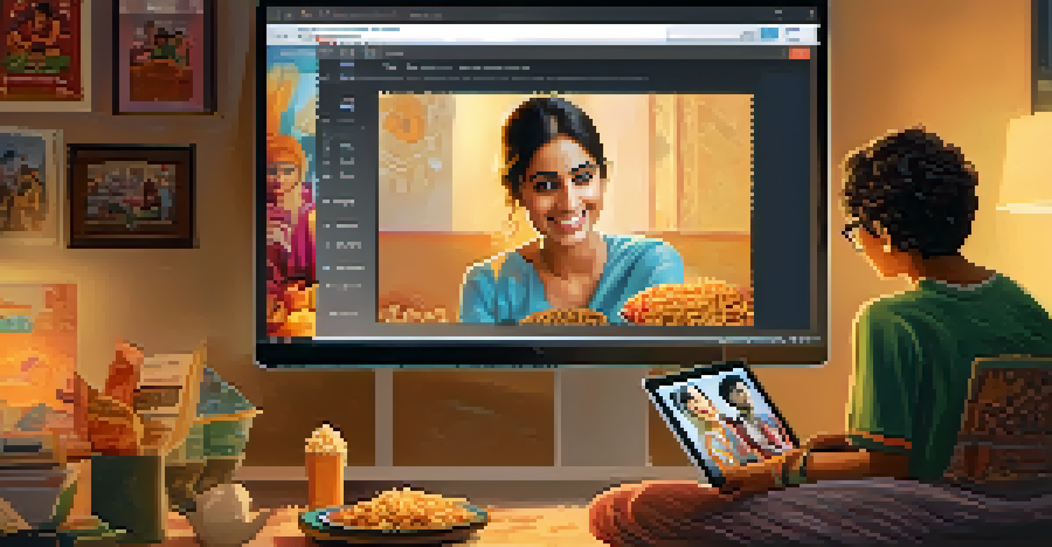 A learner watching a Hindi film on a laptop at home, with Bollywood posters and snacks around.