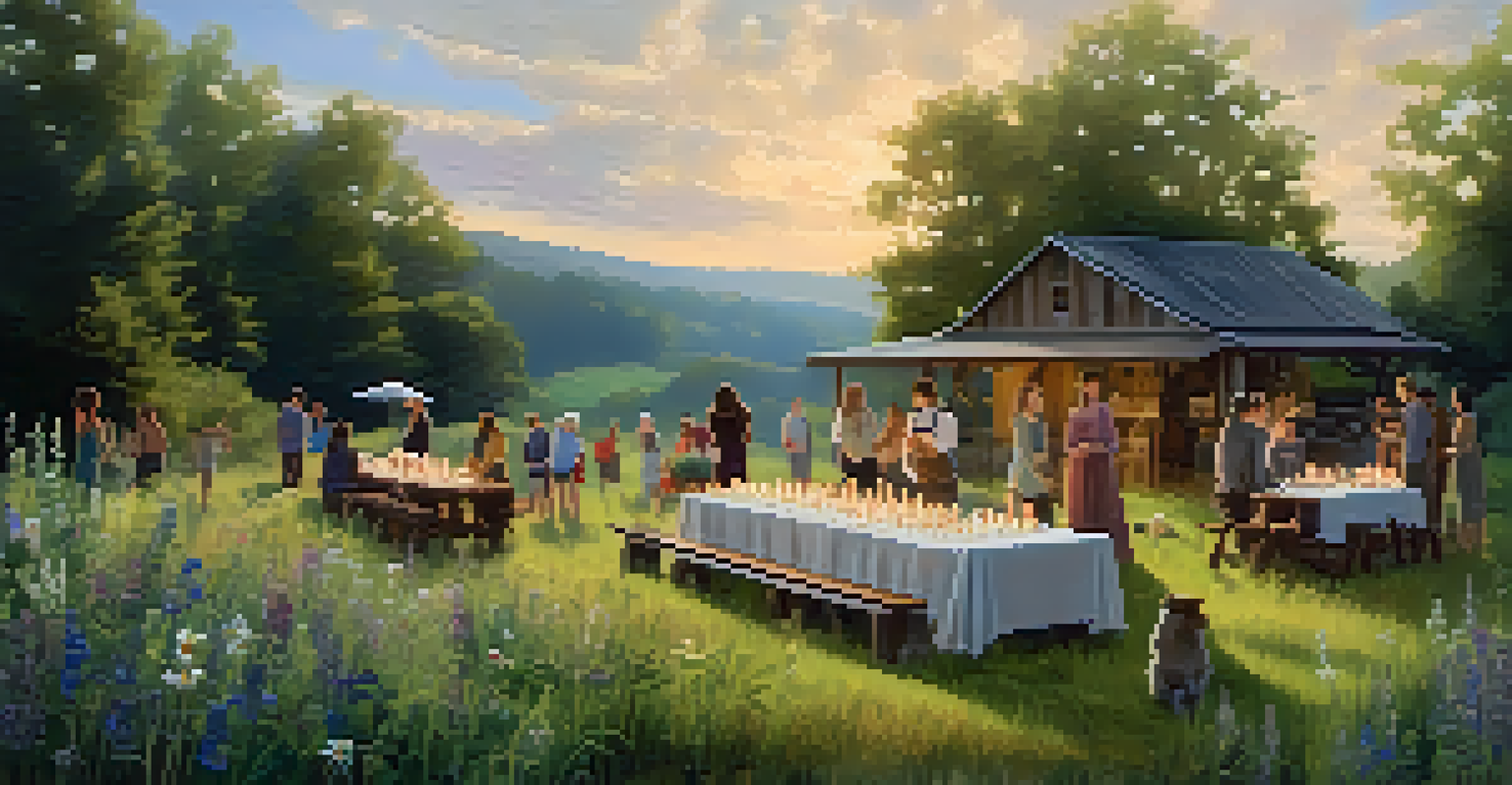 Participants gathered around a wooden table in a flower-filled meadow for a workshop, with natural decor and gentle lighting.