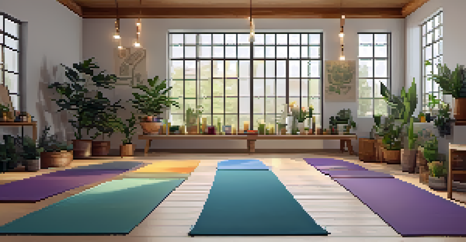 An indoor yoga studio with soft lighting, colorful mats, and an altar of candles and flowers.