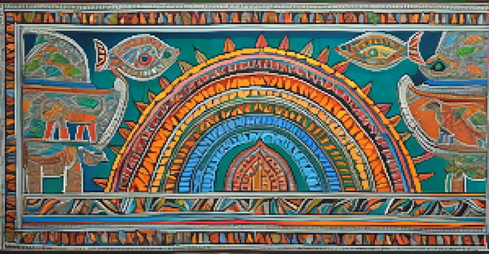 A colorful Madhubani painting showcasing intricate designs and mythological themes, filled with natural motifs.