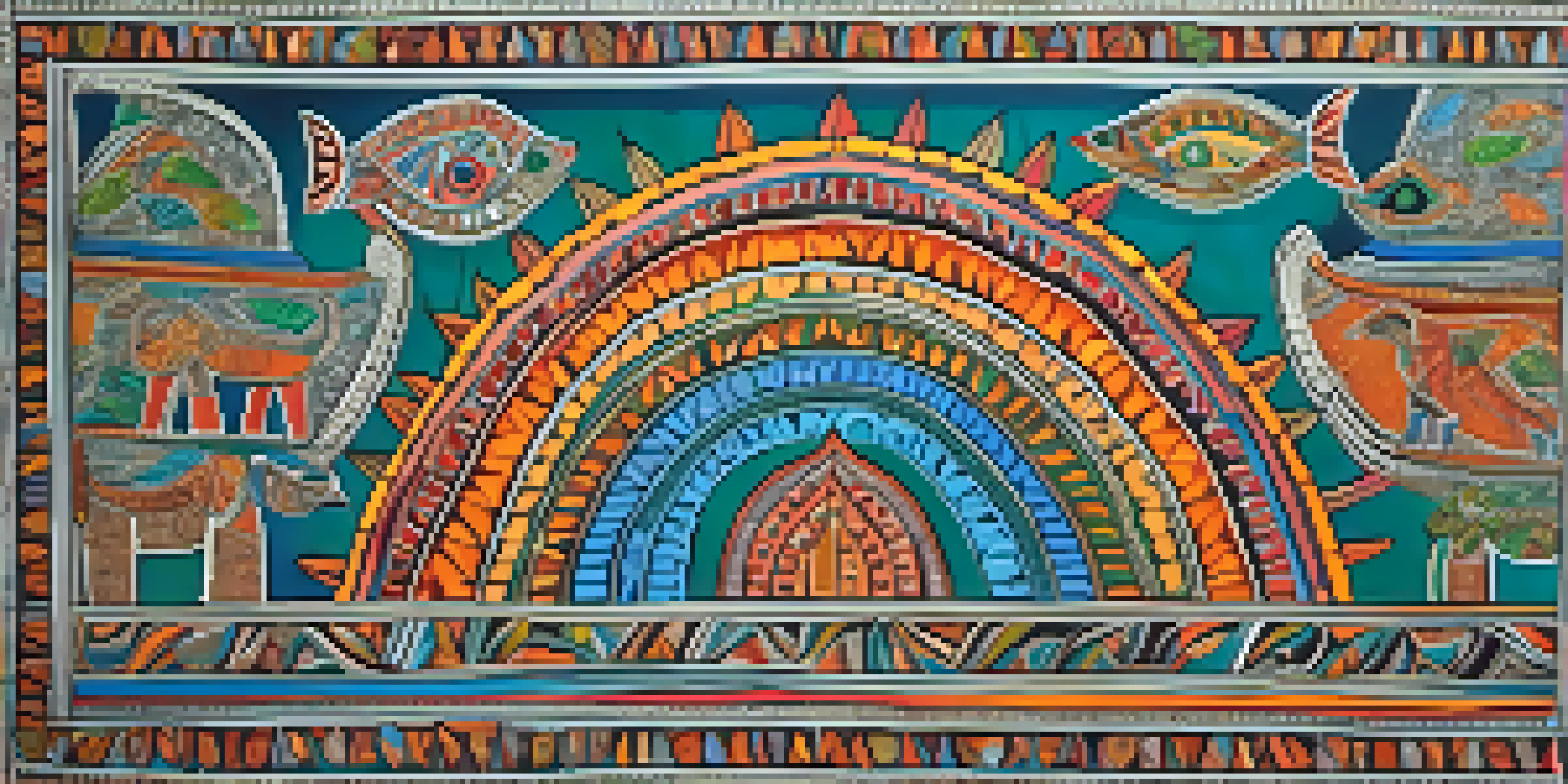 A colorful Madhubani painting showcasing intricate designs and mythological themes, filled with natural motifs.