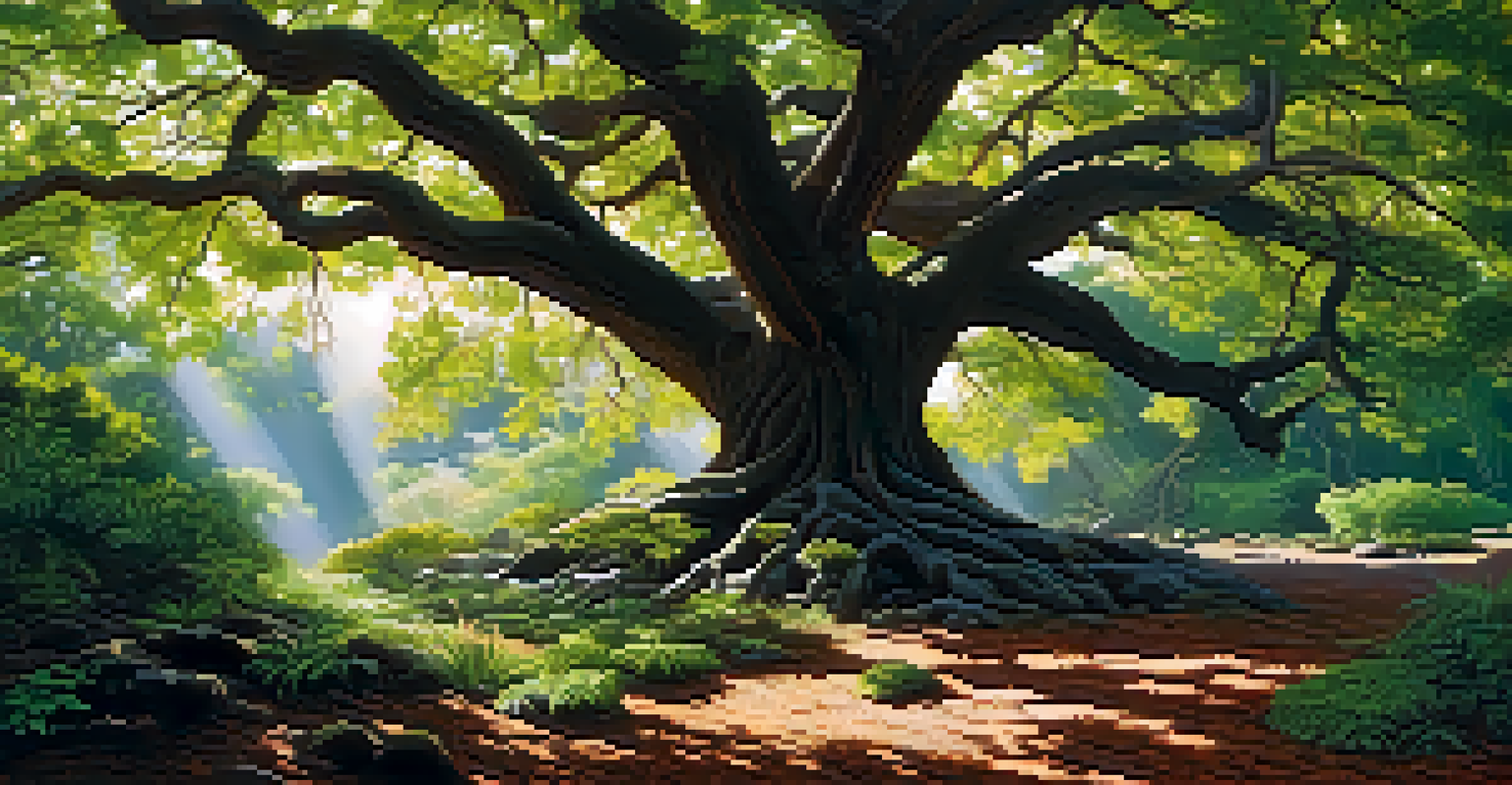 A large Raintree with a wide canopy and colorful underbrush, with sunlight filtering through the leaves and birds in the scene.