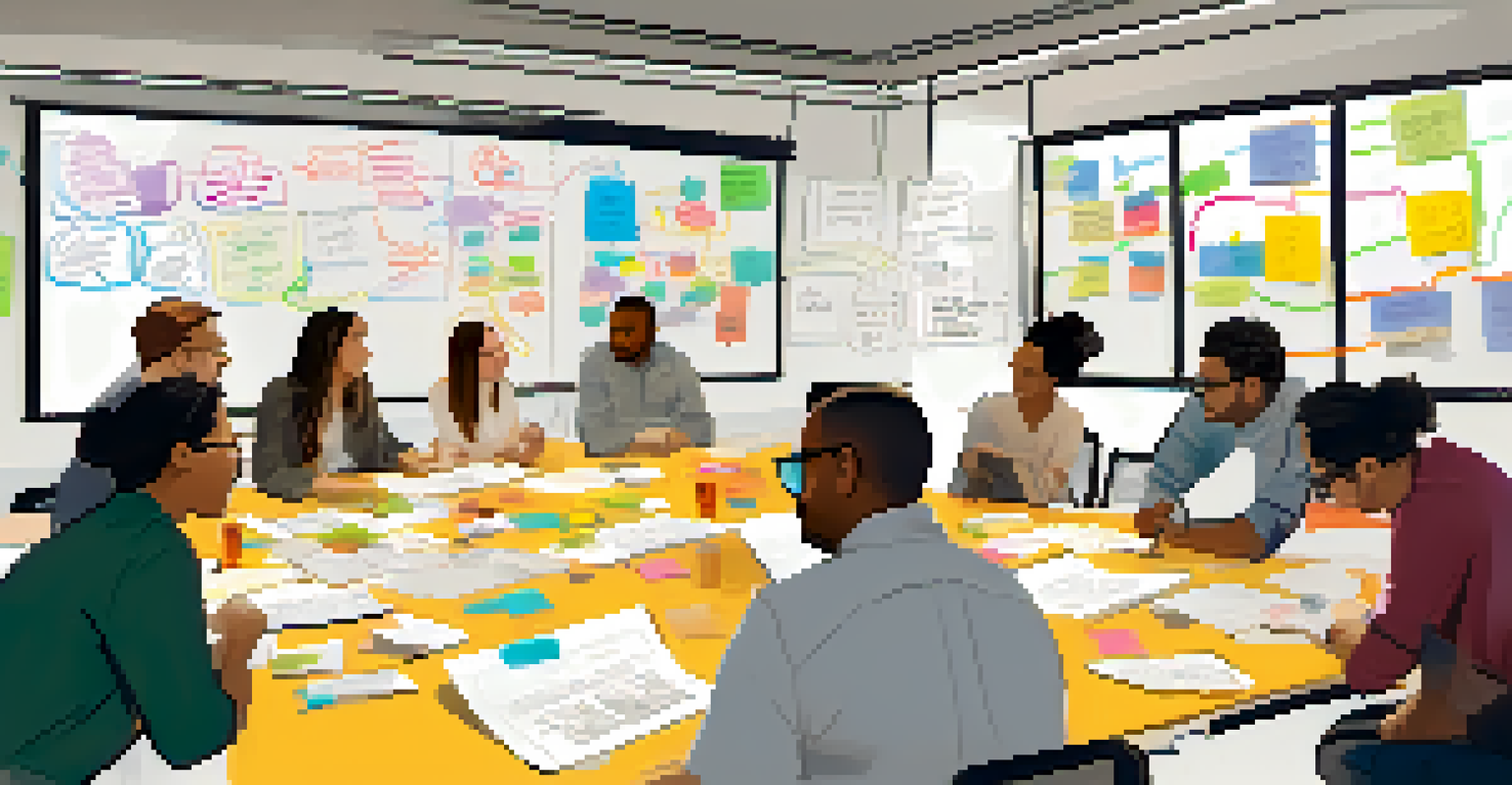 Participants in a workshop engaging in a collaborative brainstorming activity, surrounded by colorful notes and an atmosphere of creativity.