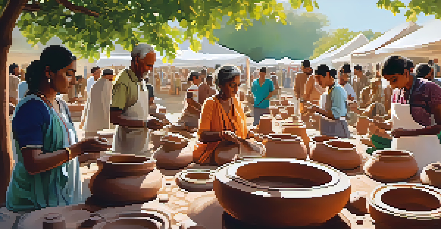 Visitors engaged in a pottery-making workshop at an art fair, surrounded by finished pottery and a sunny outdoor setting.