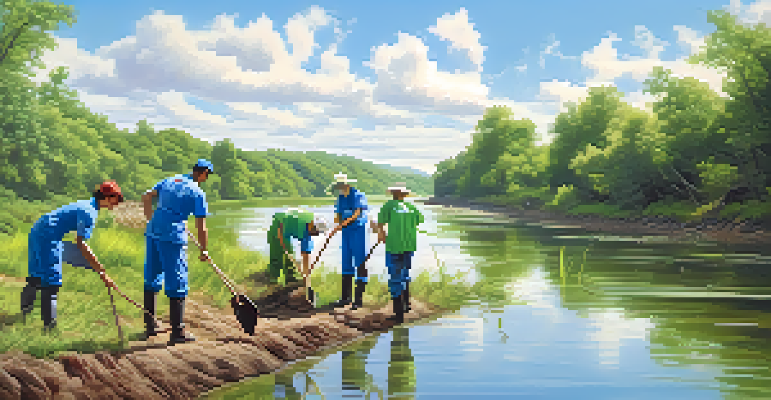 Volunteers planting trees along a riverbank in a lush green landscape, promoting environmental conservation.