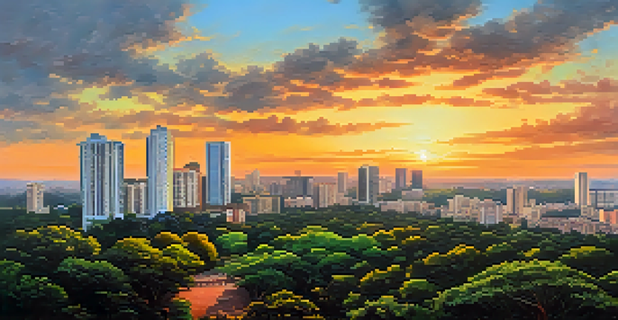 A panoramic sunset view of Bengaluru's skyline with modern skyscrapers and historic buildings, surrounded by greenery from Cubbon Park.