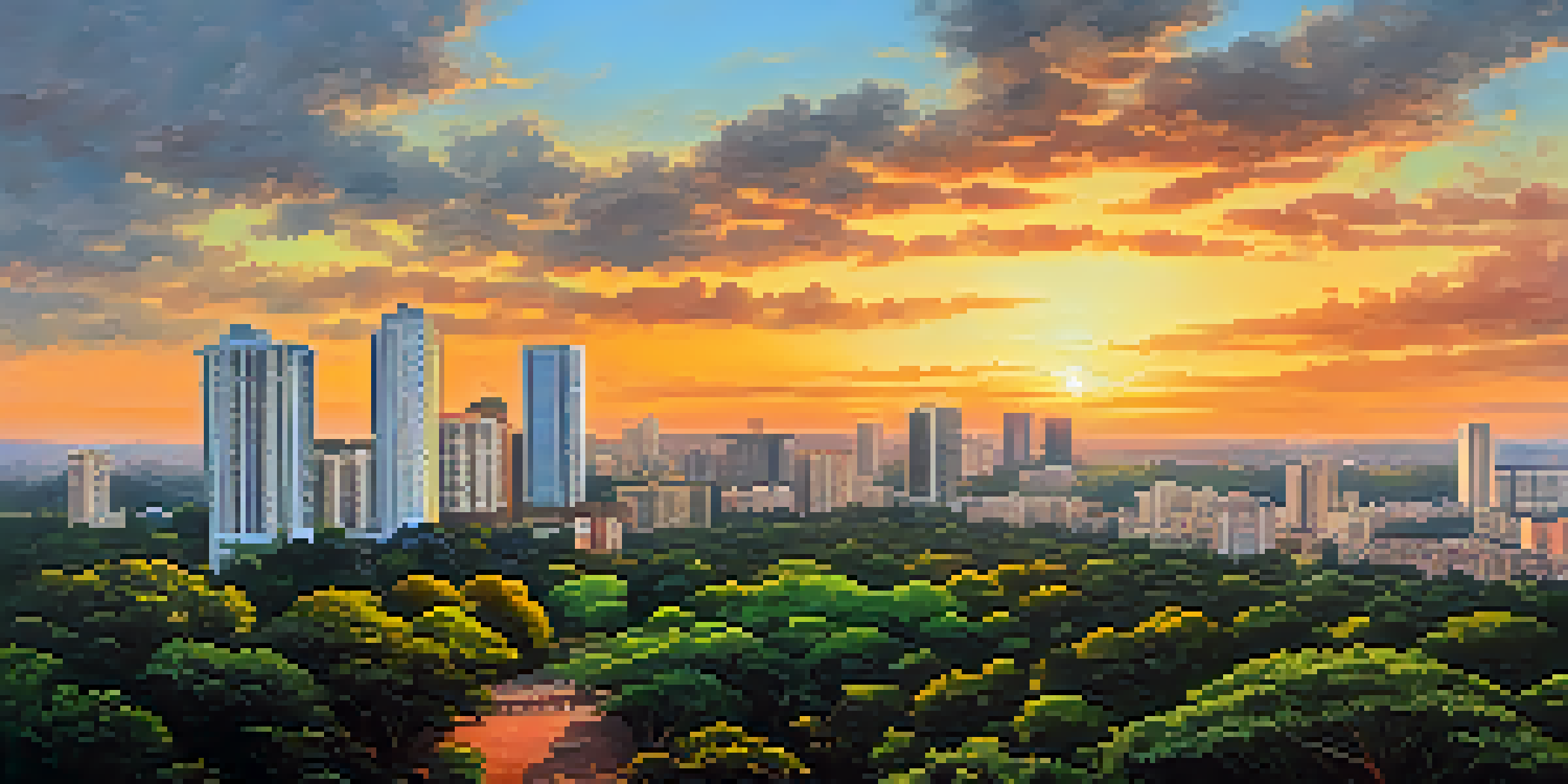 A panoramic sunset view of Bengaluru's skyline with modern skyscrapers and historic buildings, surrounded by greenery from Cubbon Park.