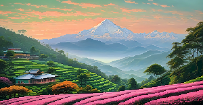 A stunning sunrise over the Kanchenjunga mountain range, with lush green tea plantations in the foreground and a colonial-style house.