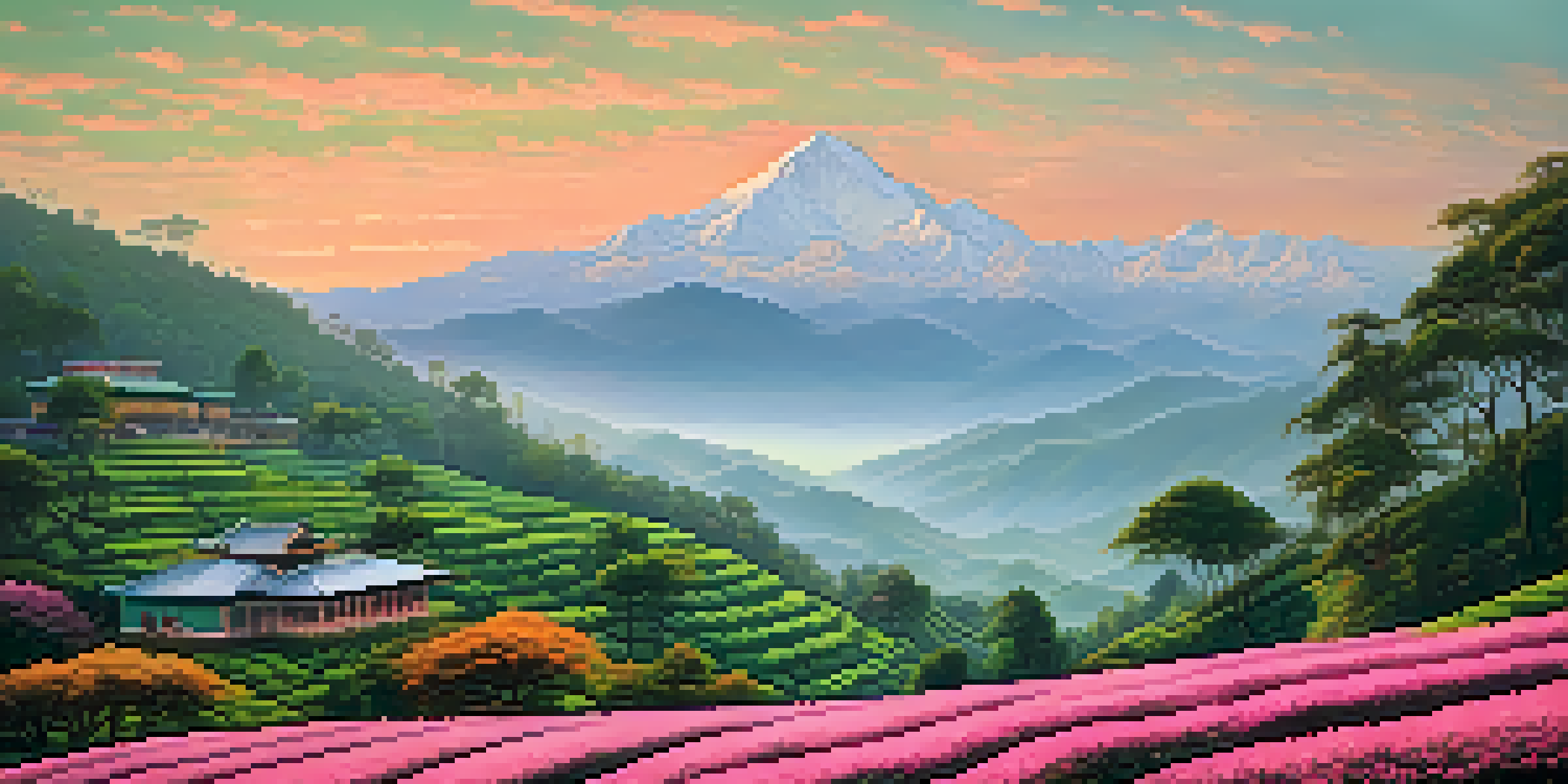 A stunning sunrise over the Kanchenjunga mountain range, with lush green tea plantations in the foreground and a colonial-style house.