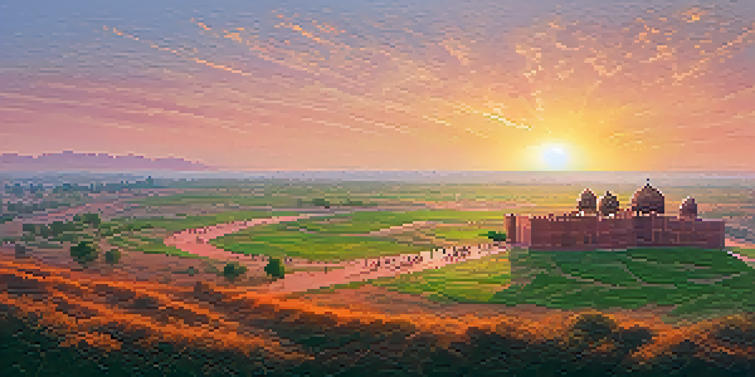 A panoramic view of the Panipat battlefield at sunset, featuring a horseman and ancient fortifications.