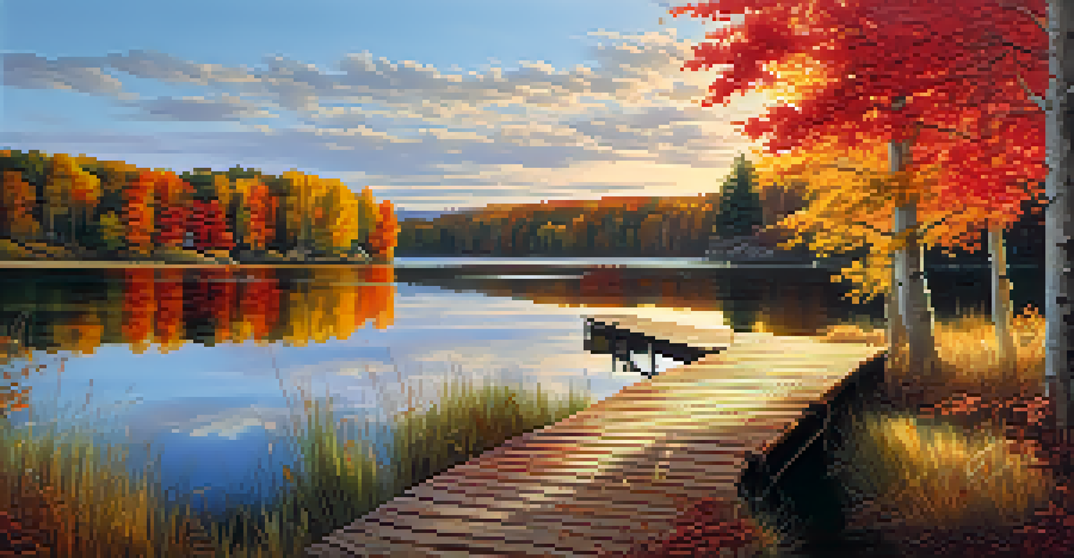A peaceful lake reflecting colorful autumn trees with a wooden dock extending into the water.