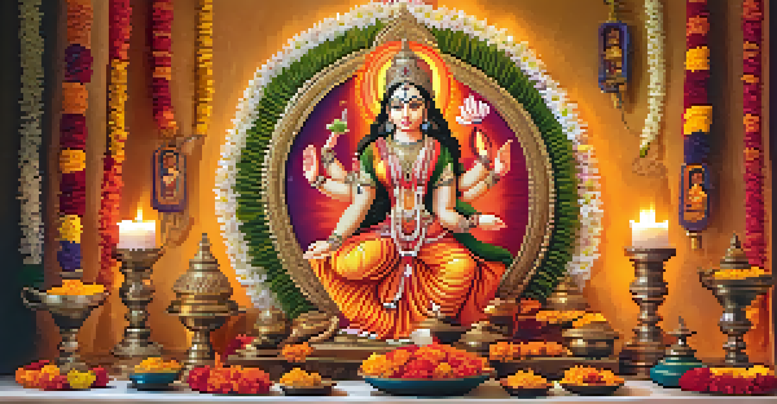 An altar dedicated to Goddess Durga, decorated with flowers and lamps, creating a peaceful spiritual setting.