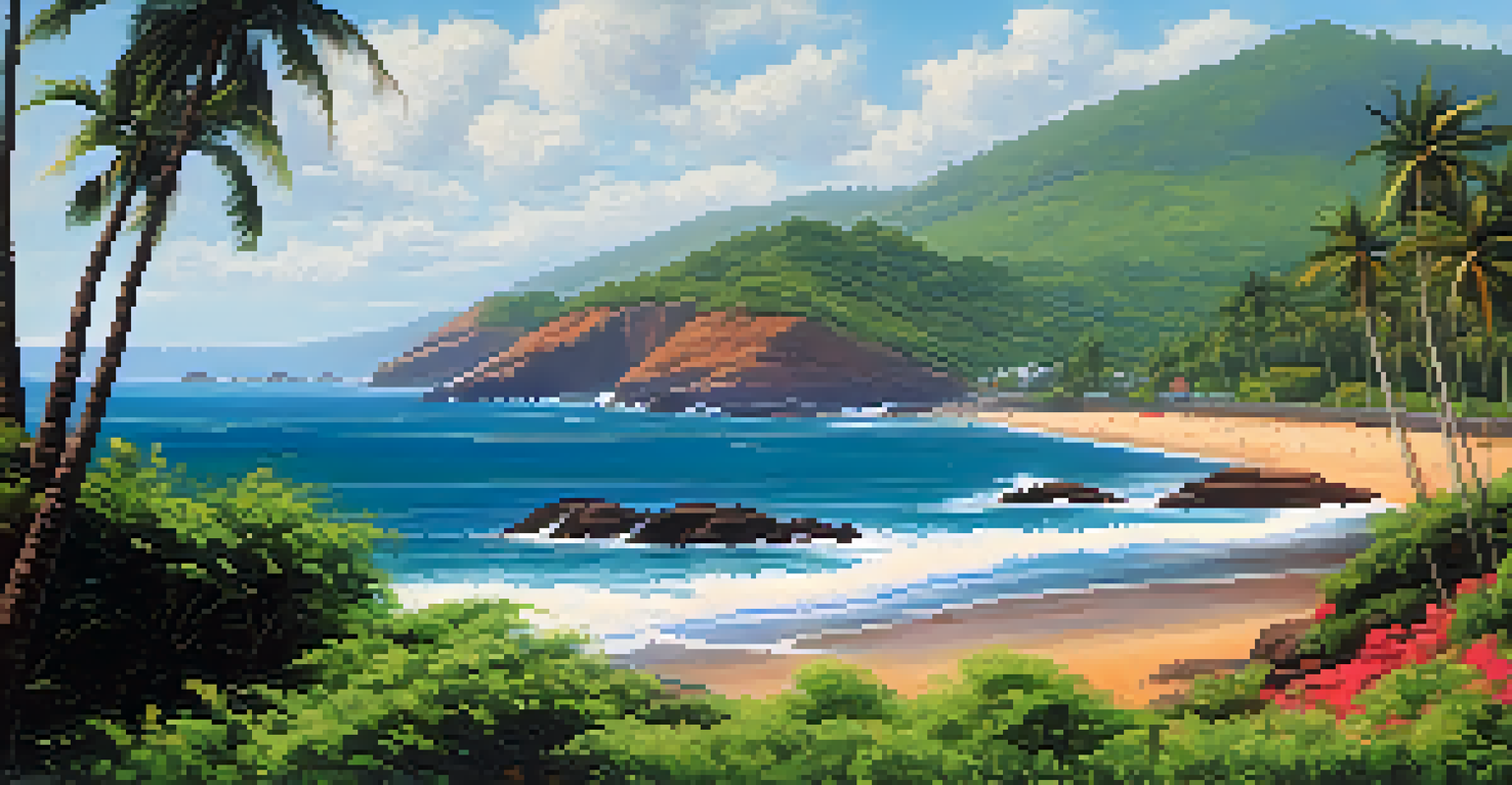 A coastal road lined with palm trees and ocean waves, showcasing a beach festival in the distance under a bright summer sky.