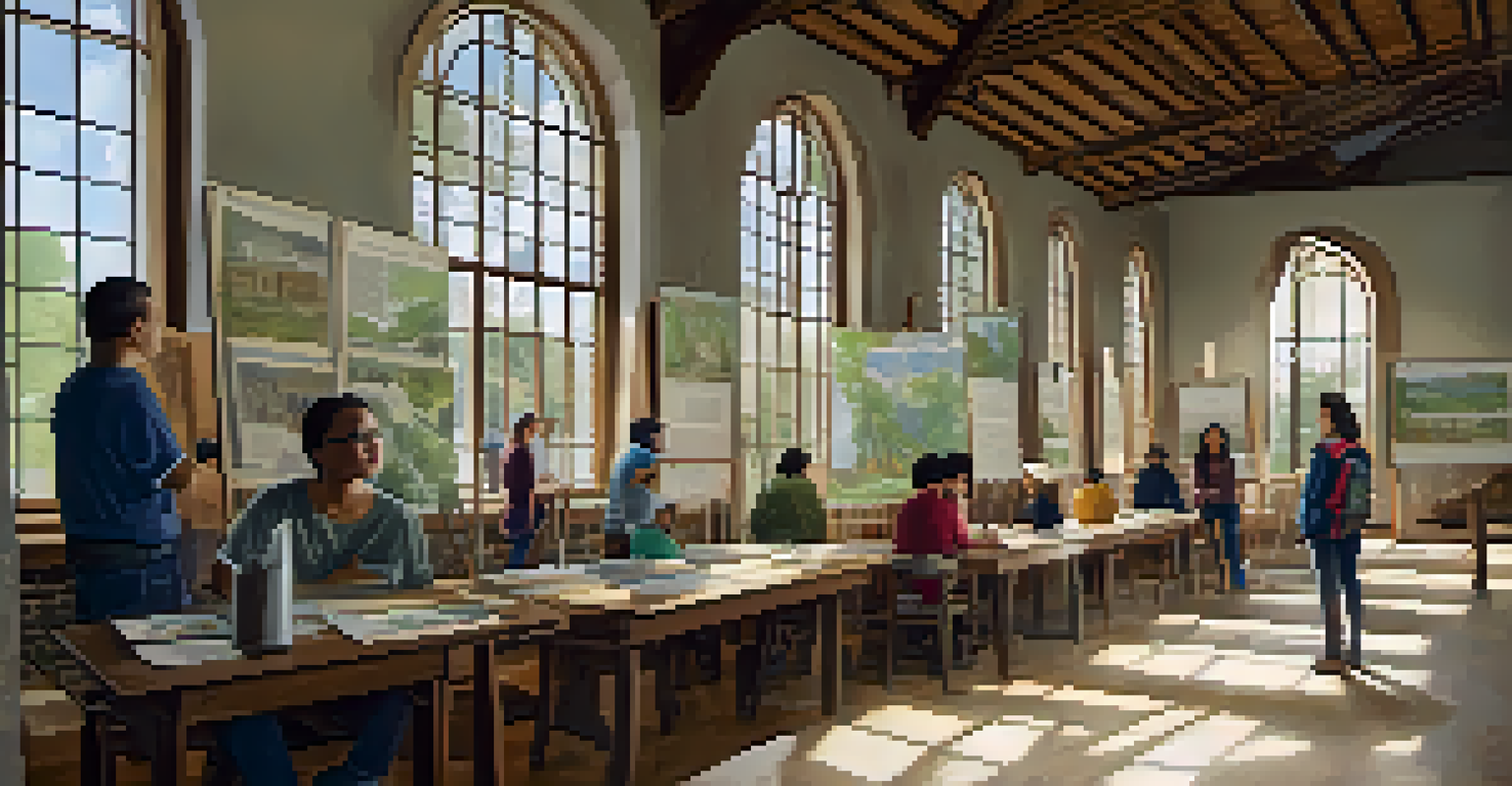 Participants engaged in a workshop focused on sustainability at a heritage site, with informative displays around them.