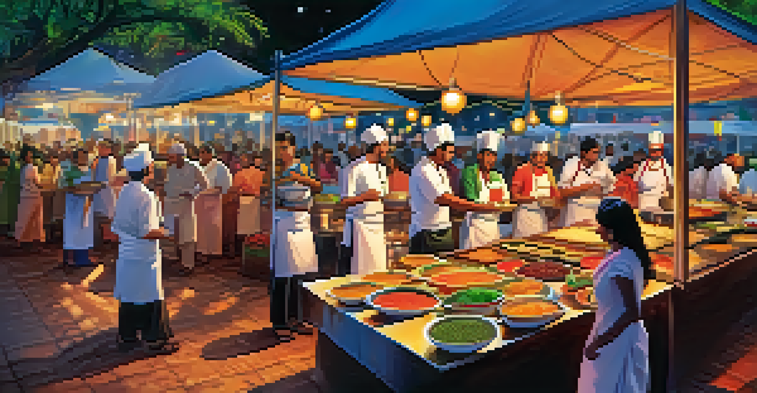A vibrant culinary festival in Goa with food stalls, live cooking, and happy visitors enjoying Indian cuisine.