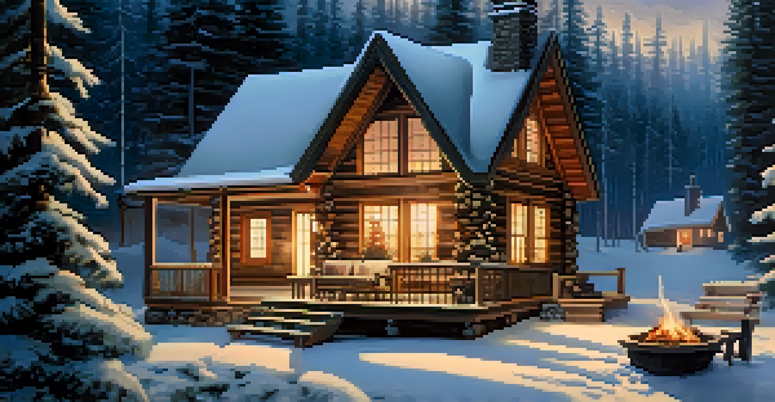 A charming snowy cabin in a forest with twinkling lights, surrounded by pine trees and a warm fire pit.