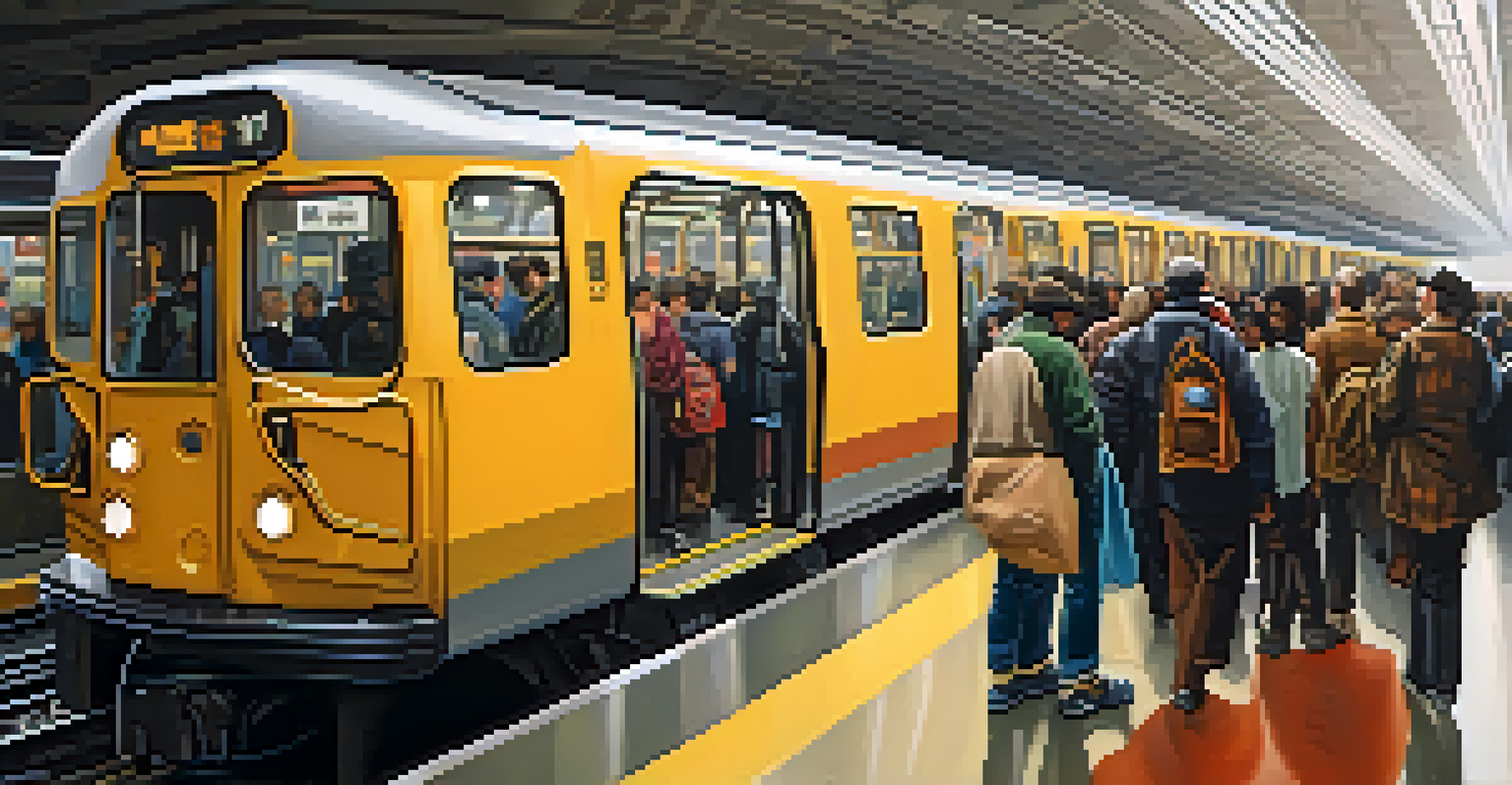 A busy subway station with diverse people waiting, large windows, and colorful ads, illuminated by natural light.
