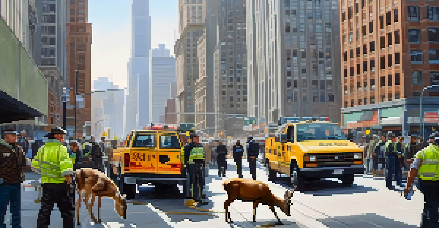 A wildlife rescue team assisting an injured deer in an urban setting, with skyscrapers in the background and concerned pedestrians.
