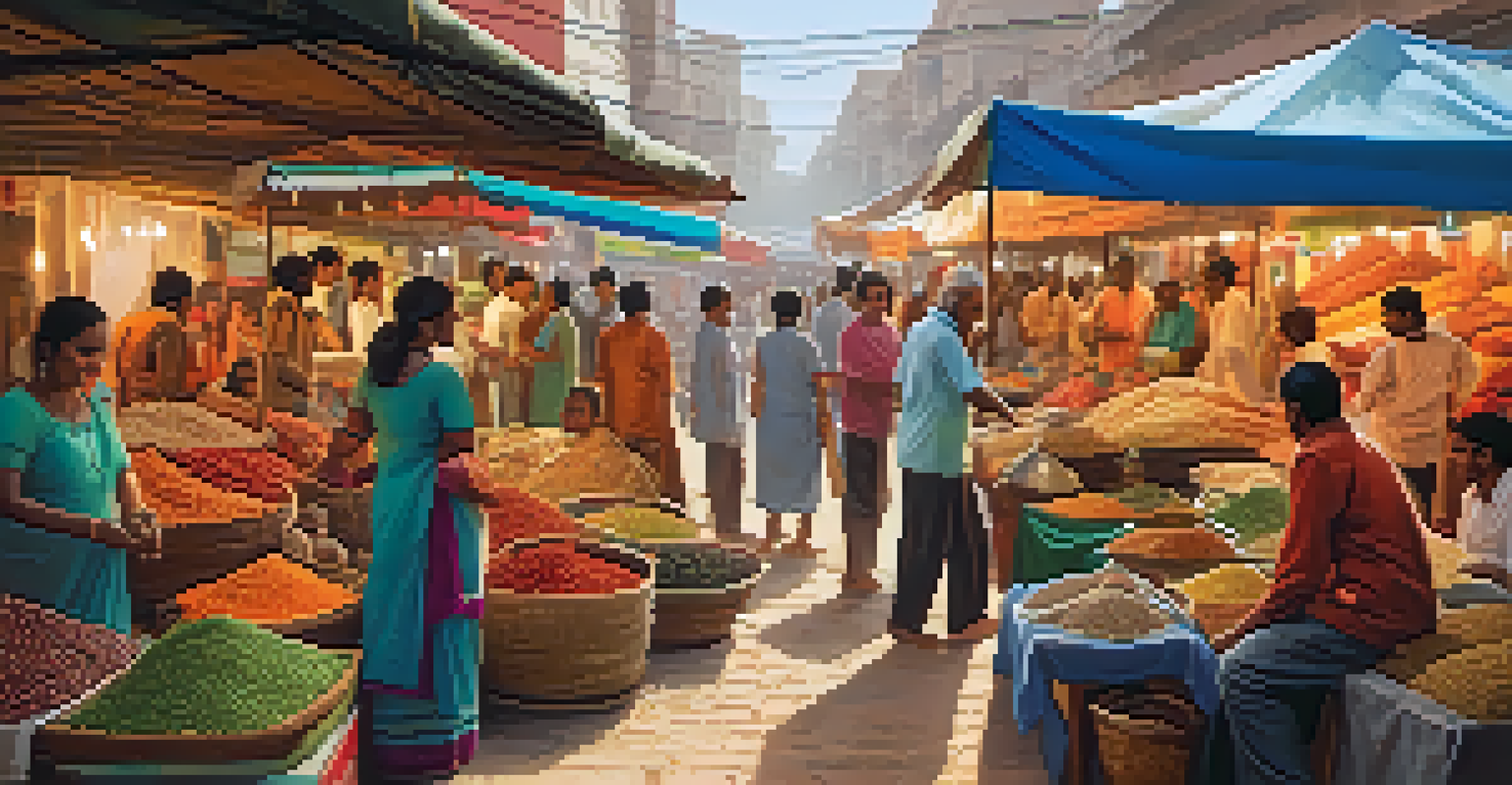 A family enjoying street food at a colorful Indian market, surrounded by vibrant stalls and smiling vendors.
