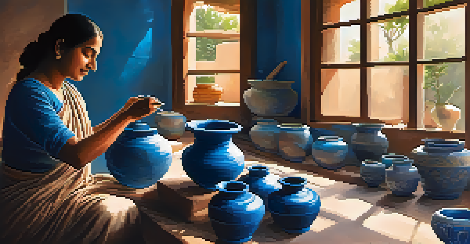 An artisan in Vadodara shaping clay into a blue pottery vase in a sunlit workshop filled with pottery pieces.