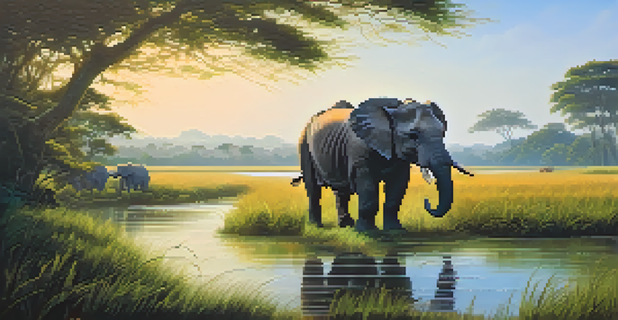 A peaceful scene in Kaziranga National Park featuring an Indian rhinoceros grazing amidst tall grass and trees under soft sunlight.