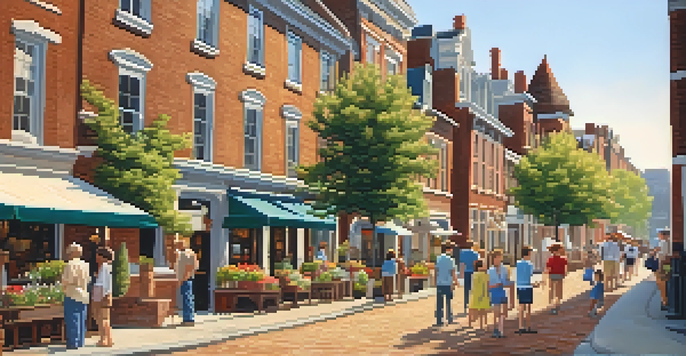 A historic city street with colonial buildings, cobblestone sidewalks, and people strolling during a heritage walk.