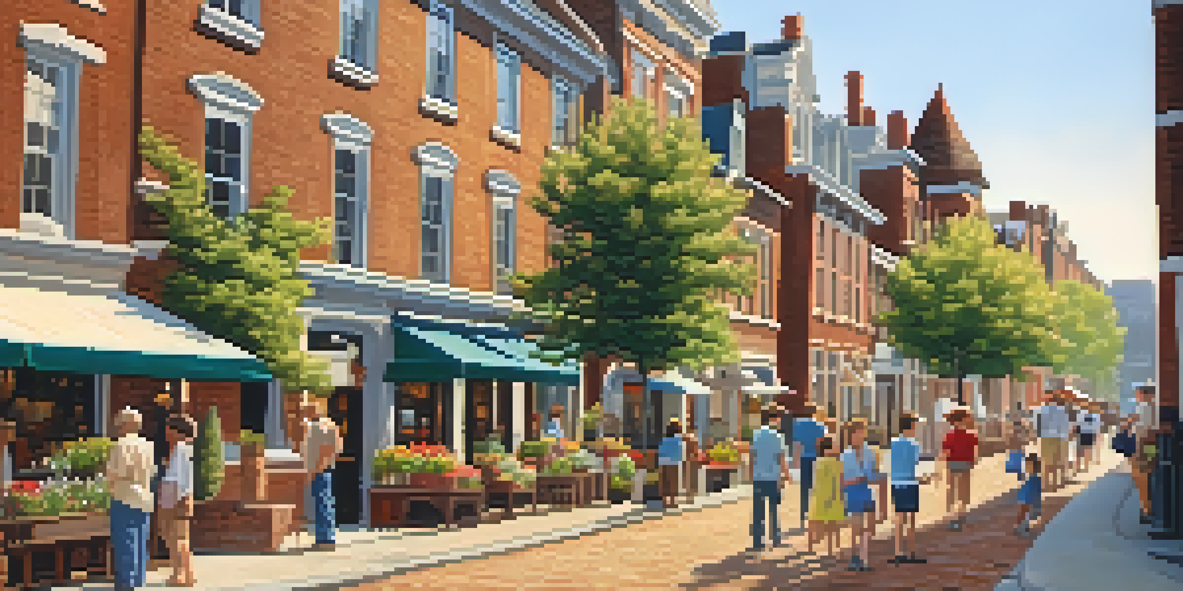 A historic city street with colonial buildings, cobblestone sidewalks, and people strolling during a heritage walk.