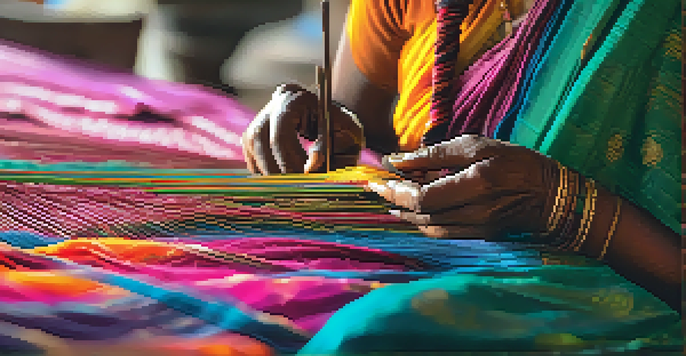 A skilled artisan weaving a colorful silk saree, with intricate patterns and textures illuminated by soft sunlight.